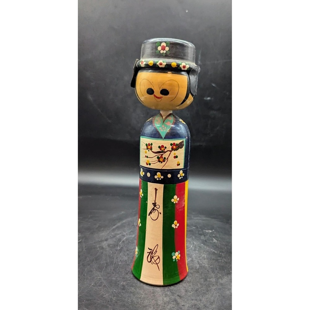 Vintage Korean Hand Painted Wood Bobblehead Nodder Doll 9" Asian Folk Art